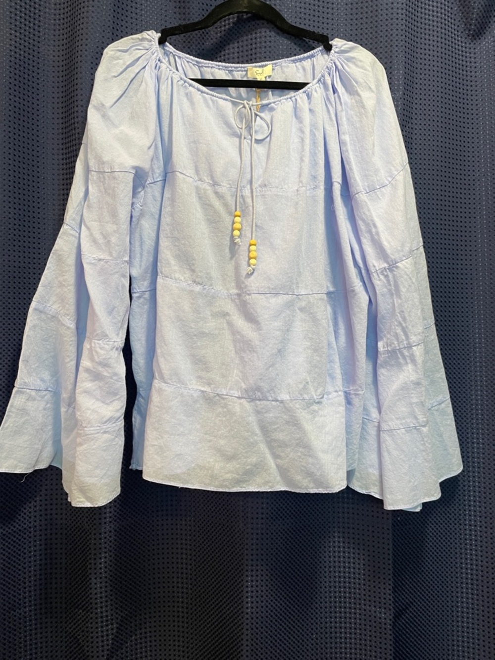 Light Blue Peasant Blouse with Bead Tie Accent